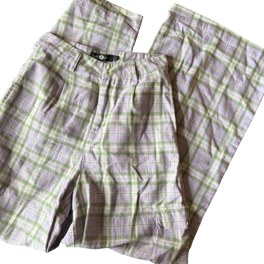Daisy Street Purple Green Plaid Cargo Pants Wide Leg High Waisted Womens XS